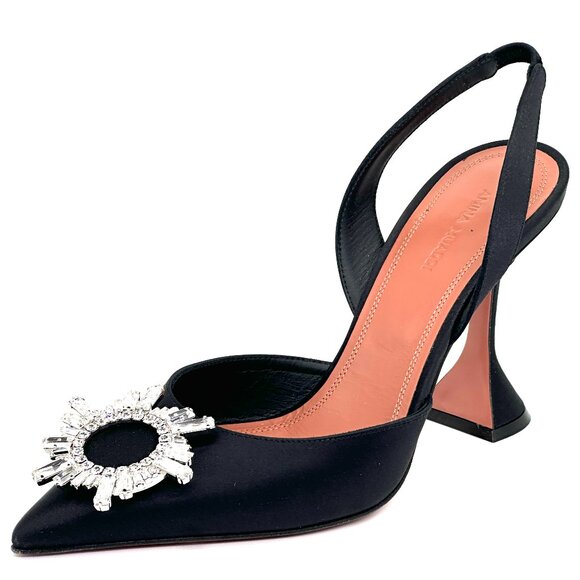 AMINA  MUADDI Begum Satin Crystal Slingback Sandals Heels Shoes Black - Picture 7 of 16